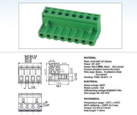 Plug-Terminal Block Head vertical connect wire Pitch:7.62mm / 0.3 in